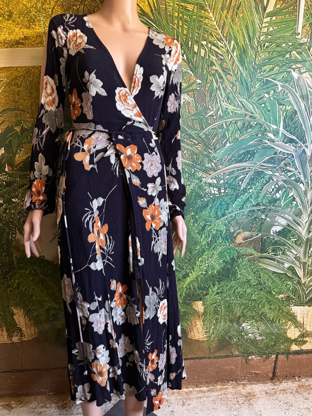 Rokoko Floral Wrap Small Midi Dress in Black with Orange & Cream Blooms